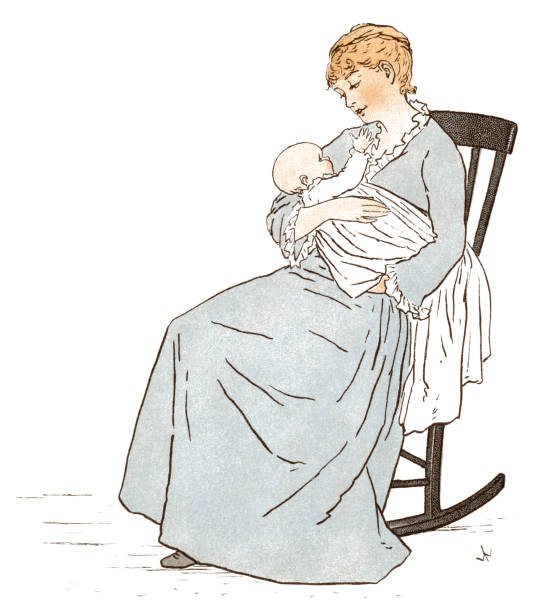 illustrations, cliparts, dessins animés et icônes de victorienne mère assis dans un fauteuil à bascule et câliner son bébé - middle class illustrations