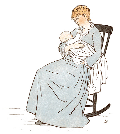 A young Victorian mother relaxing in a rocking chair and cuddling her new baby; she appears to be either talking to or singing a lullaby to the child. From “Wee Babies - Printed in Colour from Original Designs by Ida Waugh”. Published in London by Griffith & Farran and New York by E.P. Dutton & Co in 1882.