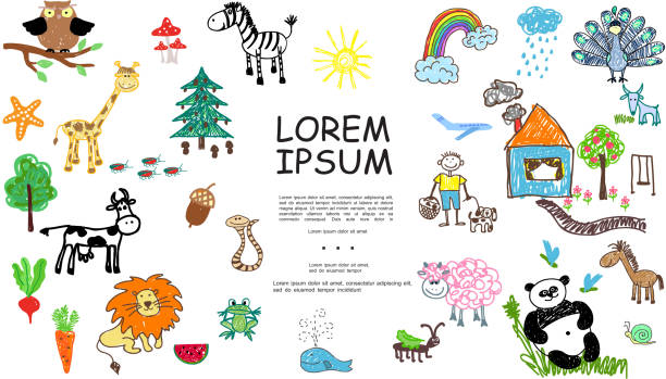illustrations, cliparts, dessins animés et icônes de sketch kids éléments composition - frog animal little boys child
