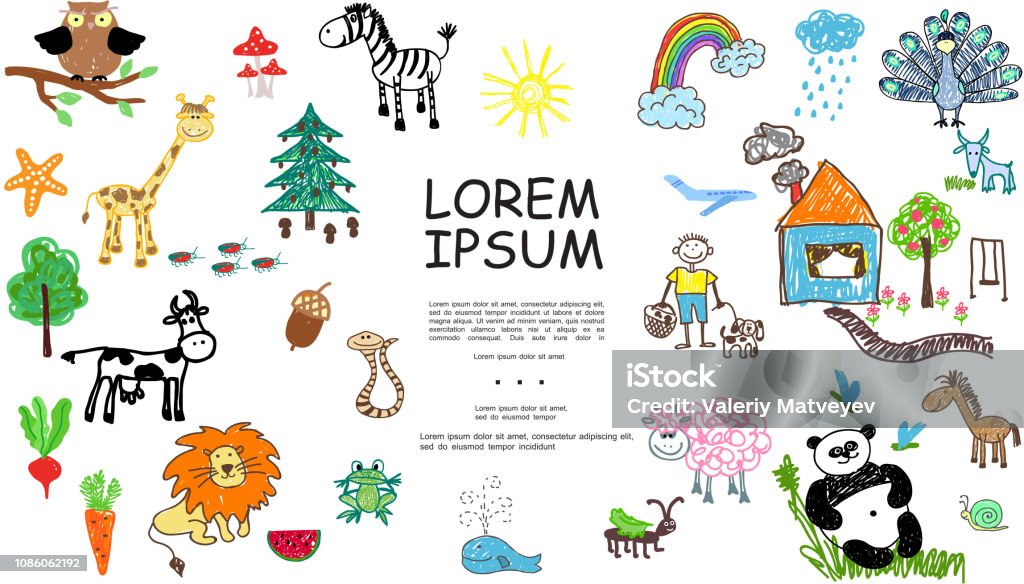 Sketch Kids Elements Composition Sketch kids elements composition with house animals birds rainbow boy carrot insects beet tree cloud acorn sun mushroom vector illustration Child stock vector