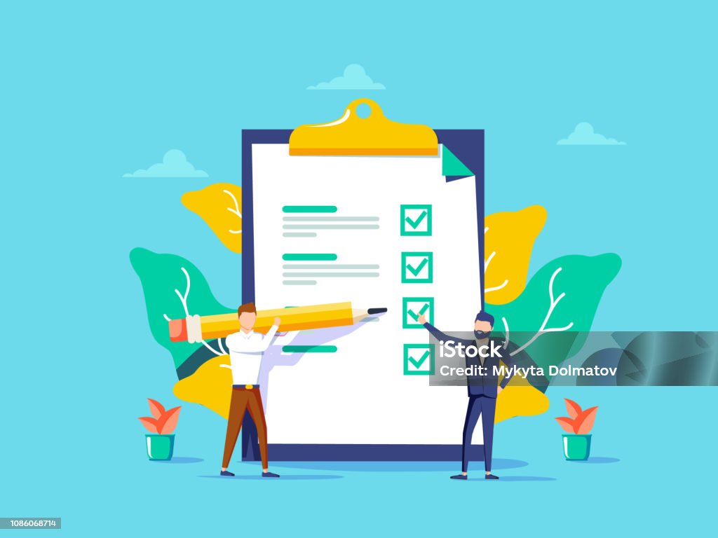 Man showing checklist. Boy filling tasks to checklist. For web site, app banner, ux and ui. Concept for ad poster - Royalty-free Inventário arte vetorial