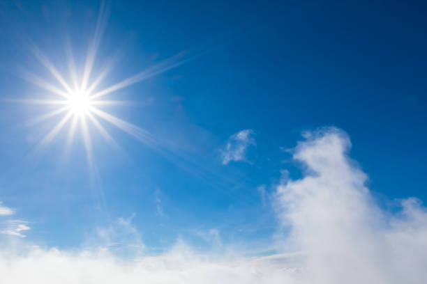 bright blue sky with clouds and sparkle sun, natural background