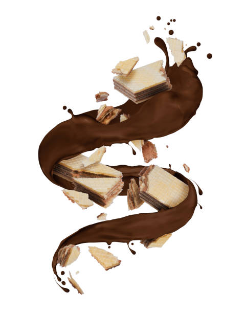 istock Broken waffles with chocolate splashes in a twisted shape on white background 1086078656
