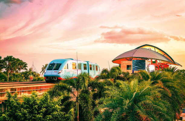 Singapore, Singapore - March 1, 2016: Sentosa Express monorail train connecting Harborfront and Sentosa Island in Singapore, evening