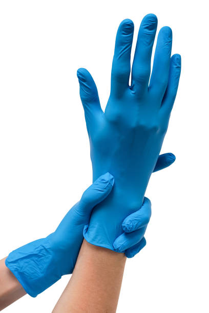 istock Hands blue medical latex gloves isolated white background 1086084722