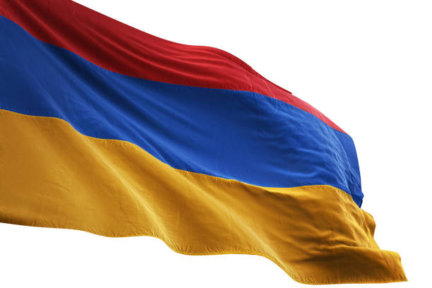 ermenistan bayrağı yakın çekim izole beyaz arka plan sallayarak - ermeni bayrağı stok fotoğraflar ve resimler