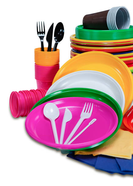 istock Set with plastic disposable tableware with plates cutlery picnic 1086085140