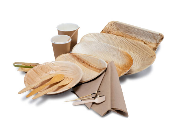 istock Wooden disposable tableware with plates and cutlery for picnic 1086085218