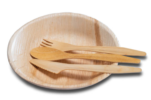 istock Wooden disposable tableware with plate and cutlery knife spoon fork 1086085222