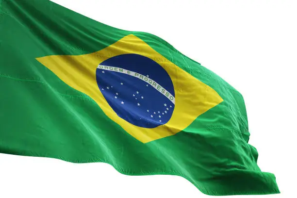 Brazil flag close-up waving isolated white background realistic 3d illustration