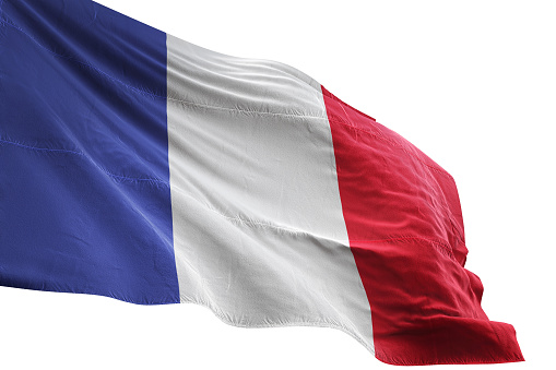 France flag close-up waving isolated white background realistic 3d illustration