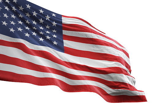 United States flag close-up waving isolated white background realistic 3d illustration