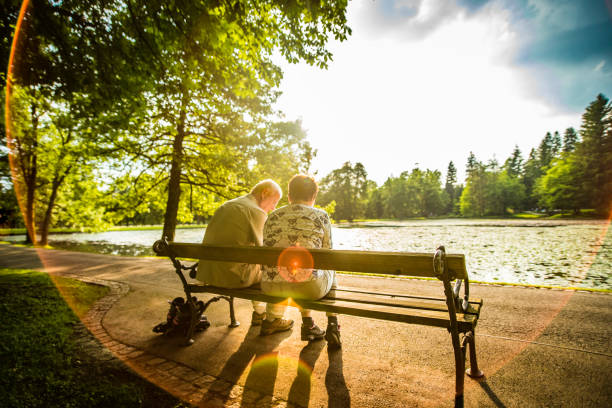 Senior couple sitting on a bench next to a lake in a park Rear view of a senior couple sitting on a bench near a lake in a park on a sunny day. sitting on bench stock pictures, royalty-free photos & images