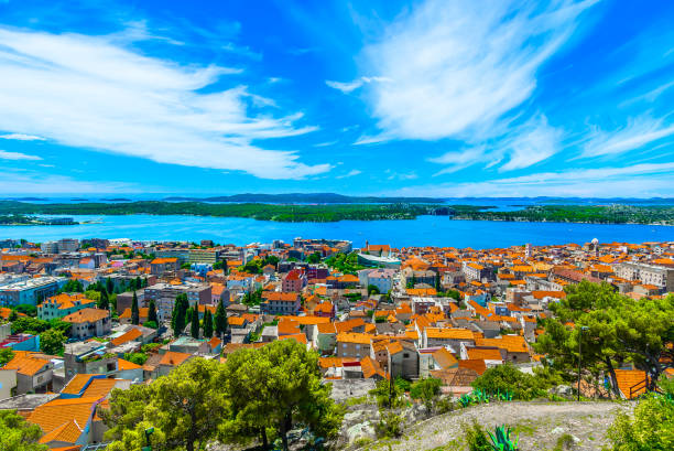 Aerial view at Sibenik medieval cityscape in Croatia, Dalmatia region.