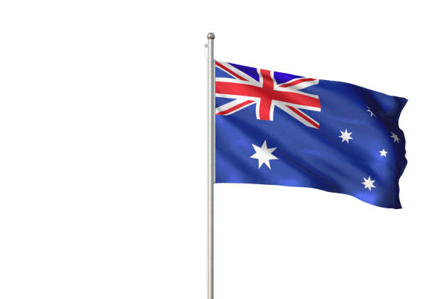 bandiera australiana che sventola isolata su sfondo bianco - australian flag foto e immagini stock