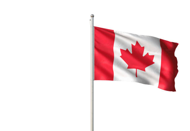 Looking up at a Canadian flag on top of a flag pole taken with a fisheye lens