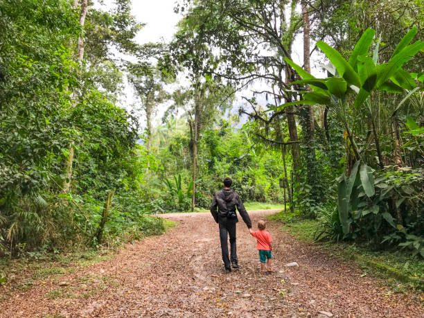 istock Father walking hand in hand with son in nature 1086094816