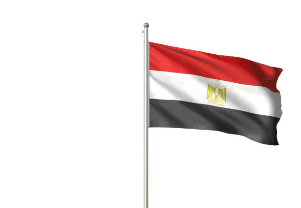 Towel fabric pattern flag of Egypt, Crease of Egyptian flag background, red white black color with the Egyptian eagle of Saladin.