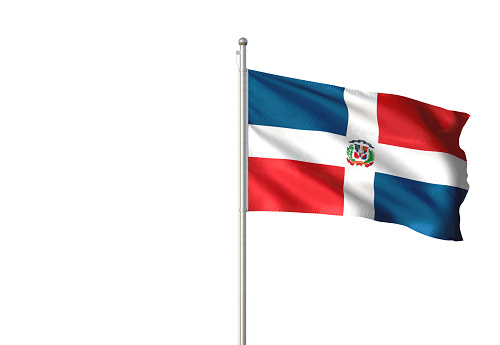 Dominican Republic flag on flagpole waving isolated on white background realistic 3d illustration