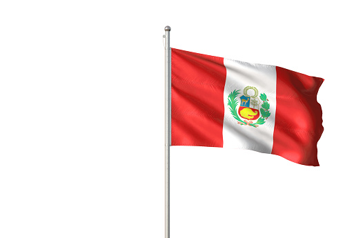 Peru flag on flagpole waving isolated on white background realistic 3d illustration