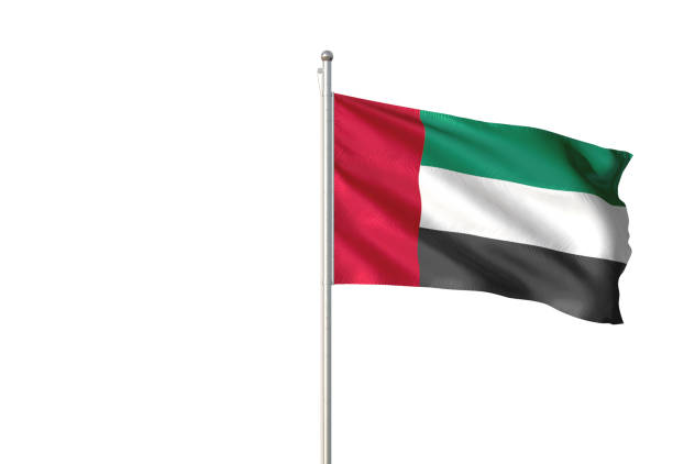 United Arab Emirates flag on flagpole waving isolated on white background realistic 3d illustration