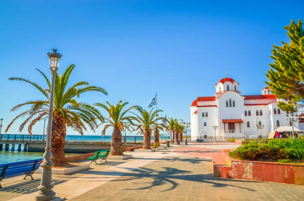 Beautiful Paralia Katerini beach and church, Greece Beautiful Paralia Katerini beach and church, Greece paralia stock pictures, royalty-free photos & images