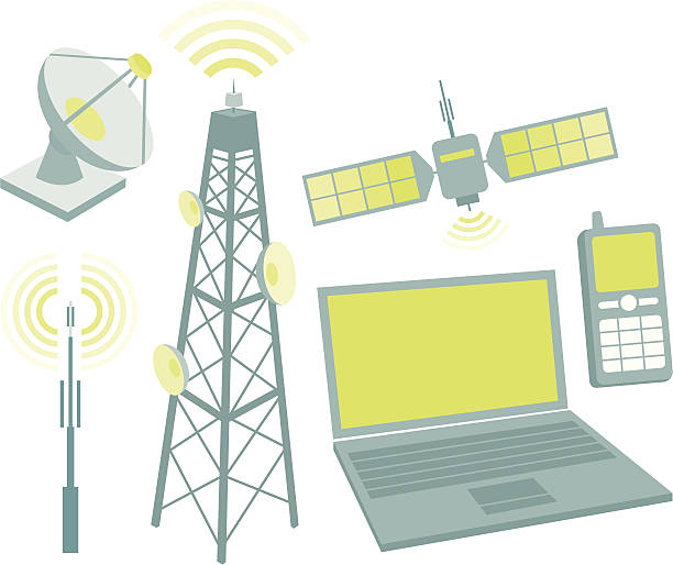 Telecommunication equipment icon set Antennas, mobile phone, satellite, computer, dish and waves. cell tower stock illustrations