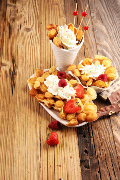 istock Hong Kong style egg waffle on wooden board. bubble waffle 1086106400