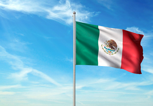 Mexico flag on flagpole waving cloudy sky background realistic 3d illustration with copy space
