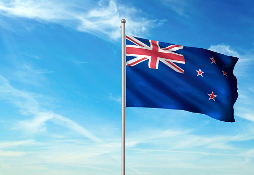 New Zealand flag on flagpole waving cloudy sky background realistic 3d illustration with copy space