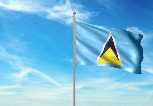 Saint Lucia flag on flagpole waving cloudy sky background realistic 3d illustration with copy space