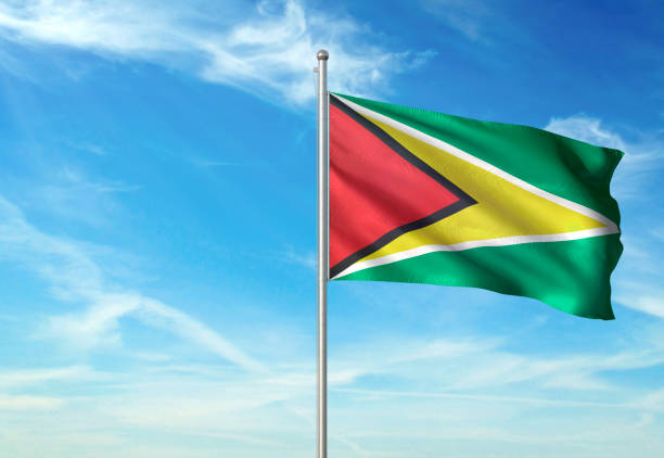 guyana fahnenschwingen bewölktem himmelshintergrund - flag of guyana stock-fotos und bilder