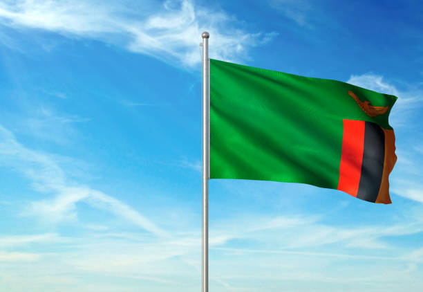 Zambia flag waving cloudy sky background Zambia flag on flagpole waving cloudy sky background realistic 3d illustration with copy space zambia flag stock pictures, royalty-free photos & images