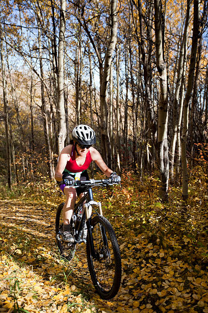 Woman mountain biking. stock photo