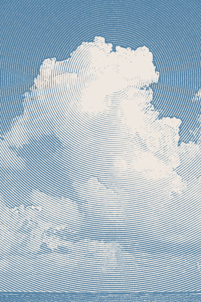 ilustraciones, imágenes clip art, dibujos animados e iconos de stock de alto cúmulo cloudscape sobre mar - scratchboard