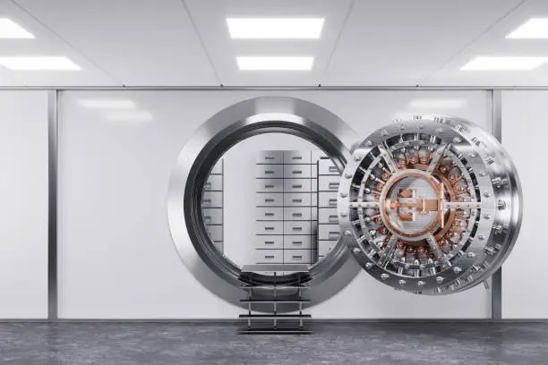Bank vault door in premise bank. Safety concept. 3d render