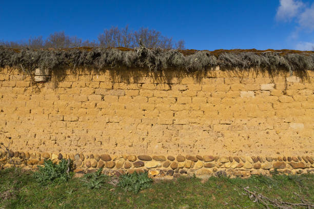 istock Old rural construction. Adobe wall covered with dried heather branches - Old rural construction. Adobe wall covered with dried heather branches 1086130346