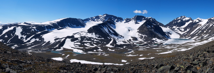 Panorama of Kebnekaise massif including Kebnekaise peak and Storglaciären glacier
