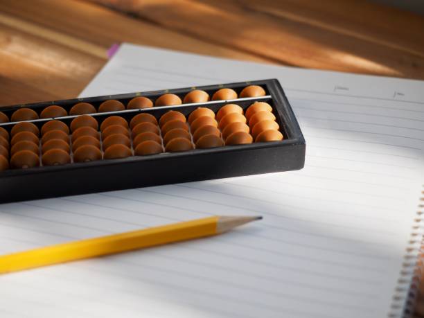 Asian analog calculator abacus and Notebooks and pencils stock photo