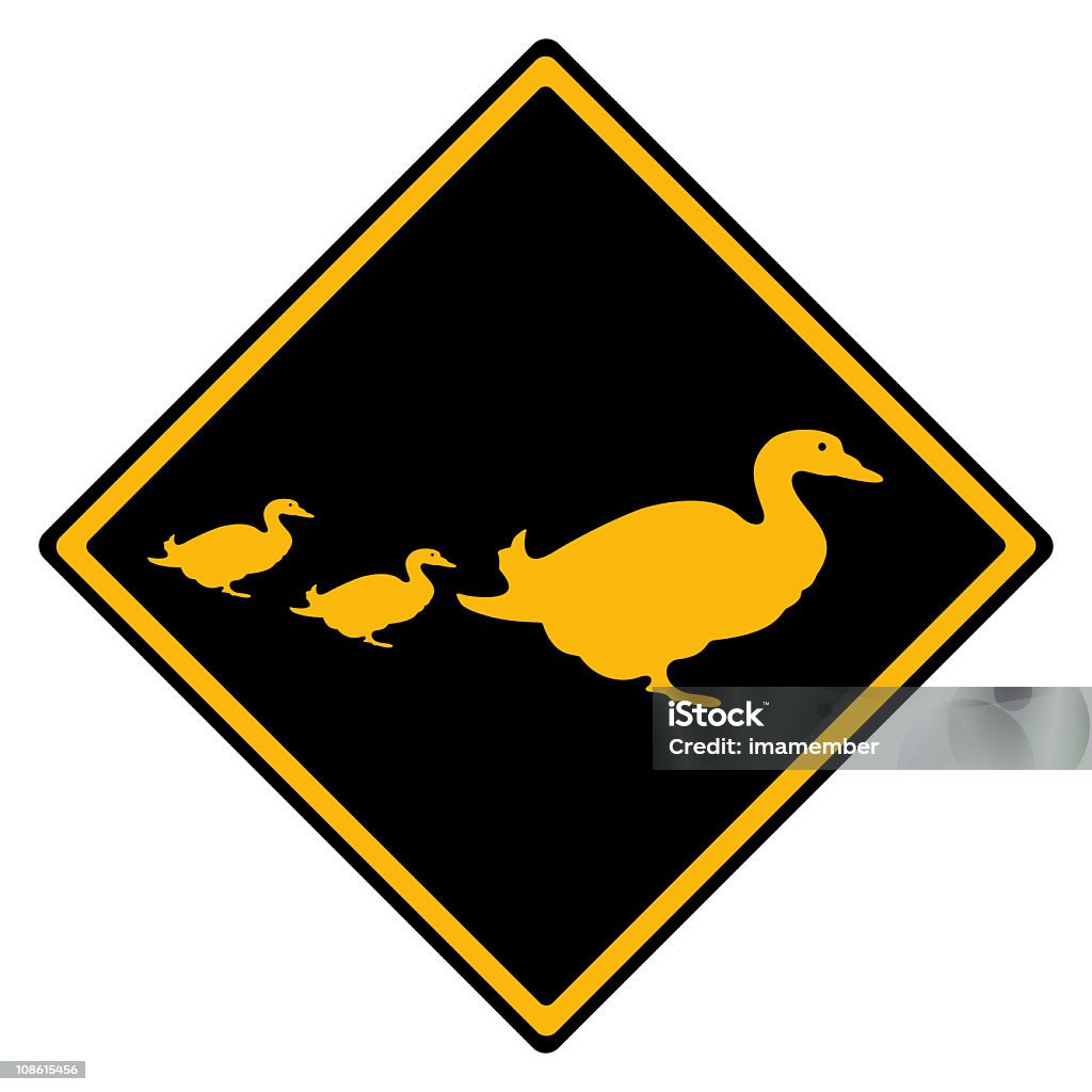 Road sign Ducks crossing isolated on white background Australian warning road sign black and yellow 'Ducks crossing' in reverse colours isolated on white background created in photoshop, square composition Animal Stock Photo