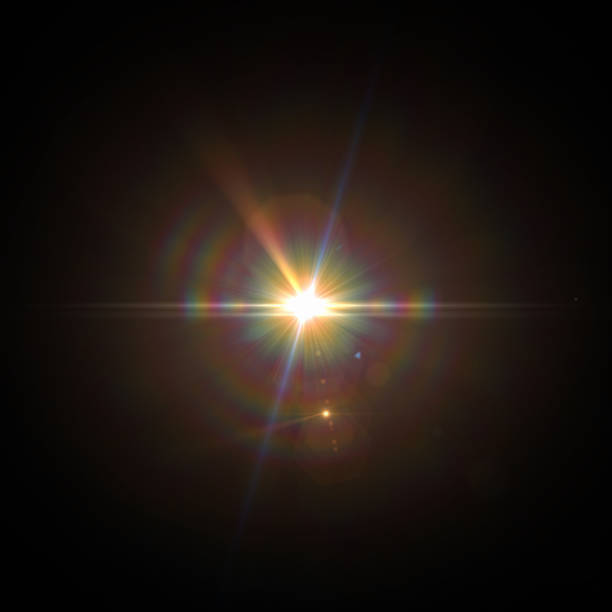solar lens flare special lichteffekt auf schwarzem hintergrund - blitzbeleuchtung stock-fotos und bilder