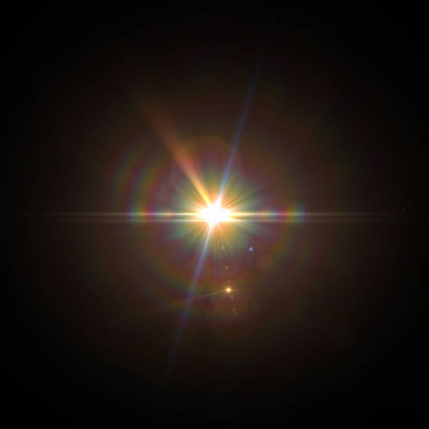 effetto speciale luce flare lente solare su sfondo nero - lens flare foto e immagini stock