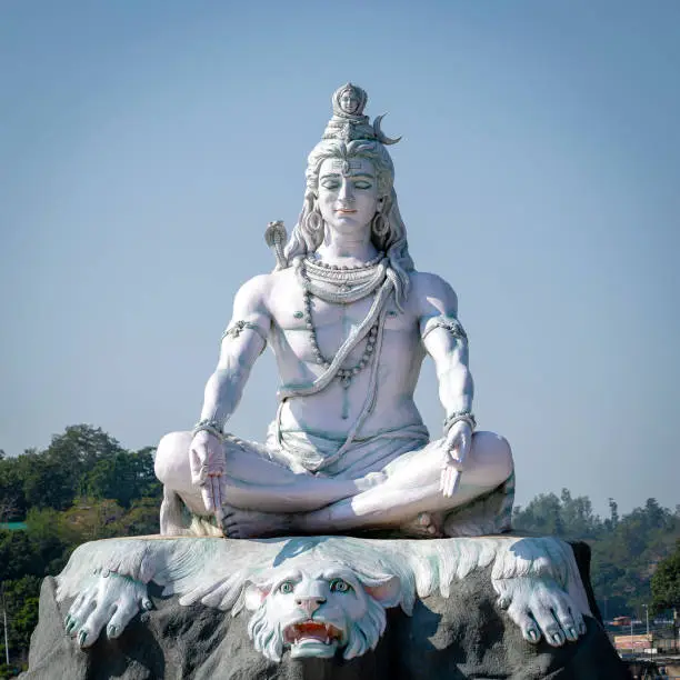 Statue of Shiva, Hindu idol on the Ganges River, Rishikesh, India. The first Hindu God Shiva