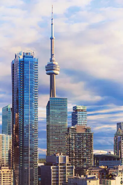 The tall towers of downtown Toronto, Ontario, Canada. Vertical cityscape with copy space.