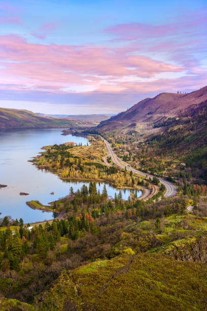 columbia river von rowena crest sicht oregon-usa - mt hood national park stock-fotos und bilder