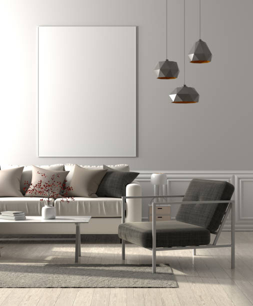 istock Mock up poster frame in Scandinavian style living room interior. 3D illustration 1086201360
