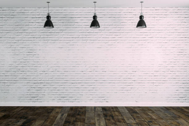 istock 3d room with white brick wall and ceiling lamp 1086205590