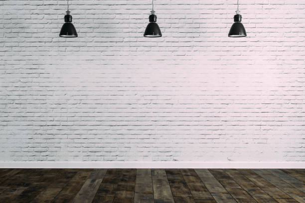 istock 3d room with white brick wall and ceiling lamp 1086205602