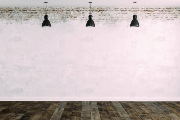 istock 3d room with white brick wall and ceiling lamp 1086205620