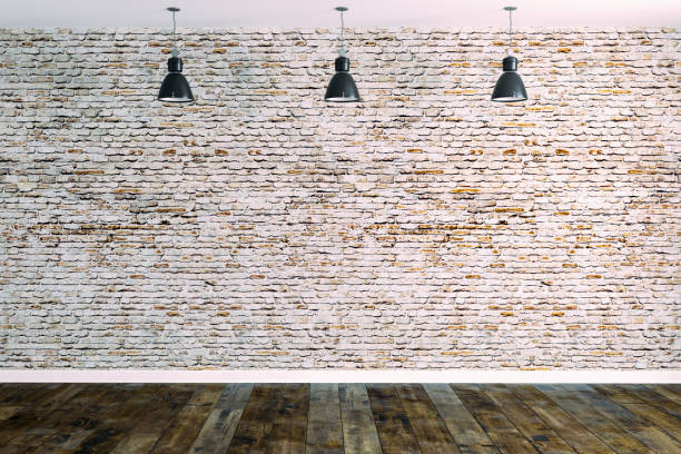 istock 3d room with white brick wall and ceiling lamp 1086205644